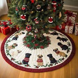 Pugs in Sweaters on the Berry Rim Christmas Tree Skirt - Made to Order TREEK101