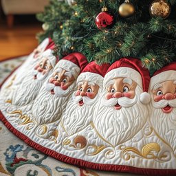 Santa Faces on the Ruby Gold Hem Christmas Tree Skirt - Made to Order TREEK101