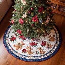 Poinsettia Bear Bliss Christmas Tree Skirt - Made to Order TREEK101