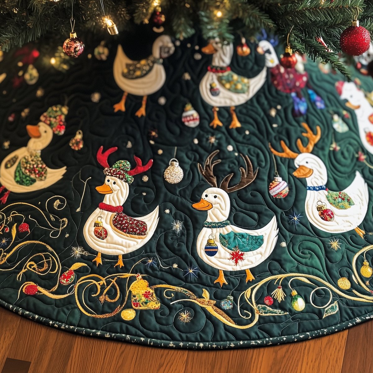 Geese in Santa Hats on Emerald Christmas Tree Skirt - Made to Order TREEK101