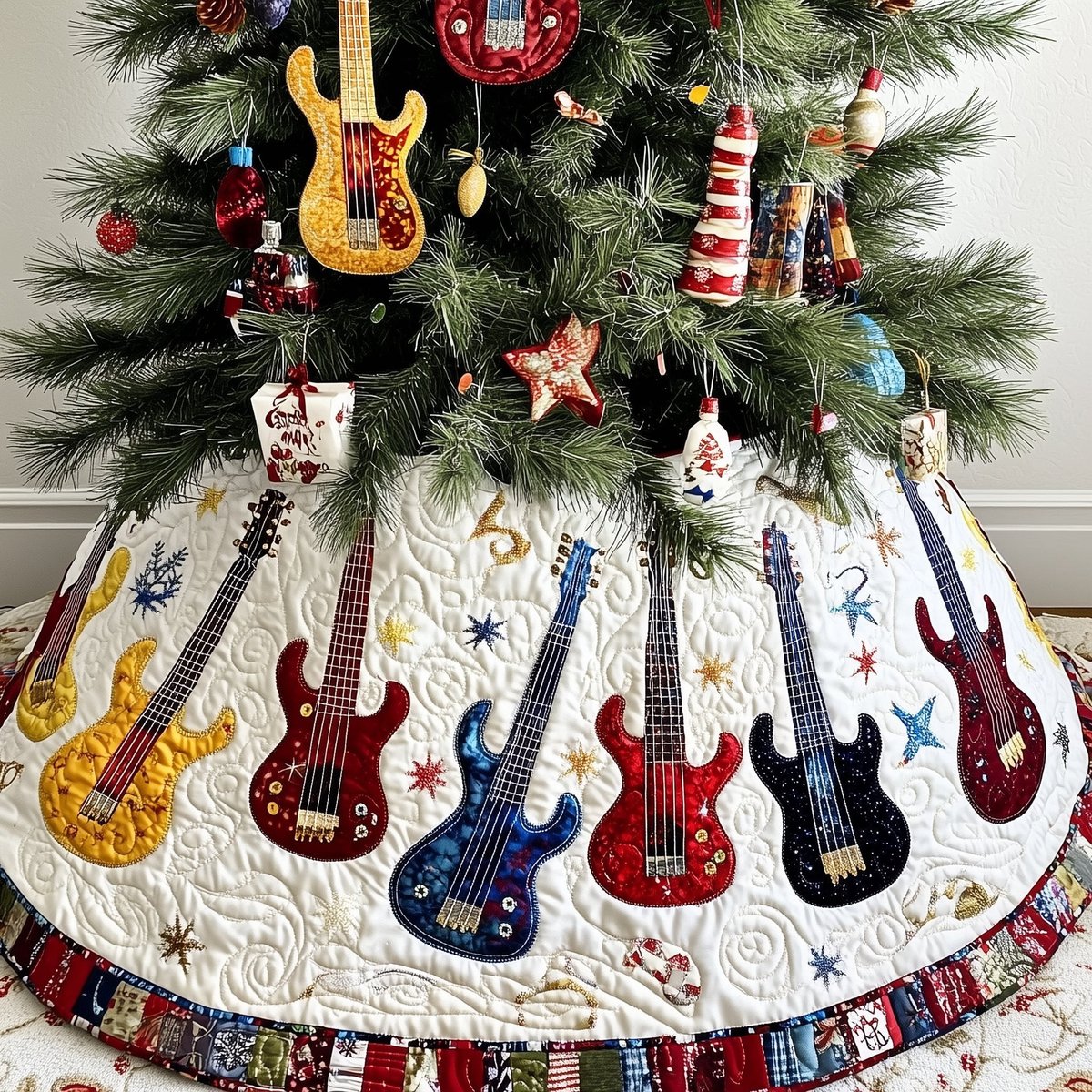Bass Guitars on Winter White Christmas Tree Skirt - Made to Order TREEK101
