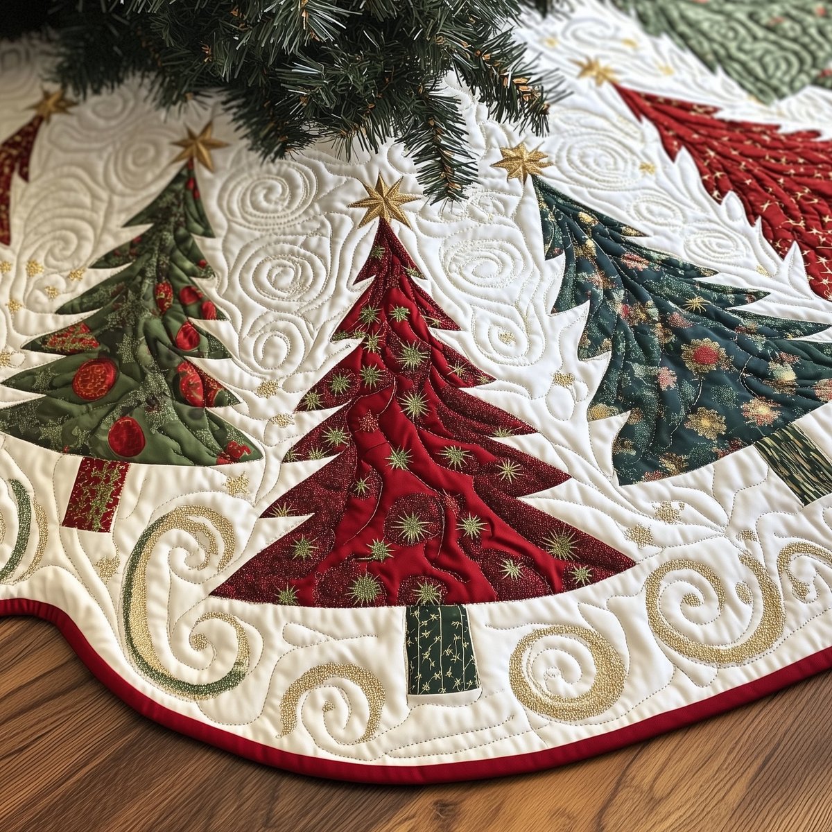 Applique Trees on Ivory Swirl Christmas Tree Skirt - Made to Order TREEK101