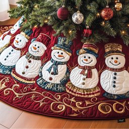 Snowman Family on Swirl Navy Christmas Tree Skirt - Made to Order TREEK101