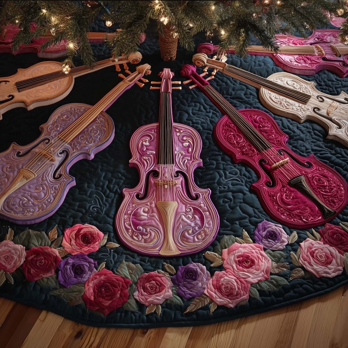 Rose Violins on Blush and Black Christmas Tree Skirt - Made to Order TREEK101