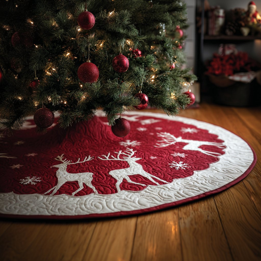Reindeer Silhouettes on Ruby Christmas Tree Skirt - Made to Order TREEK101