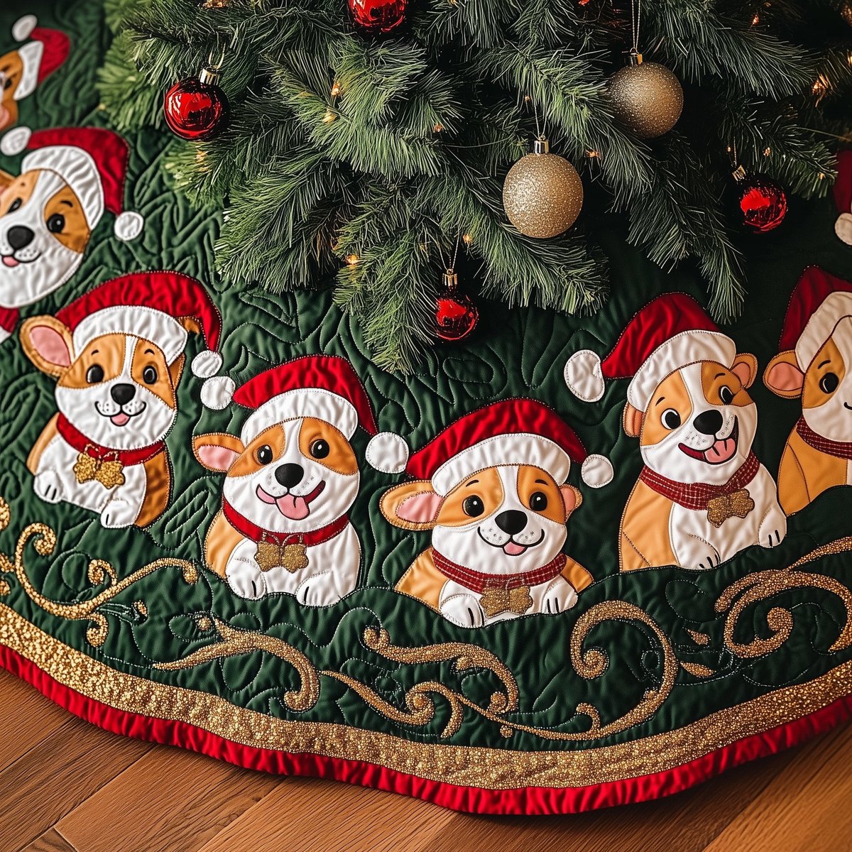 Corgis in Santa Hats on Emerald Christmas Tree Skirt - Made to Order TREEK101