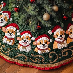 Corgis in Santa Hats on Emerald Christmas Tree Skirt - Made to Order TREEK101