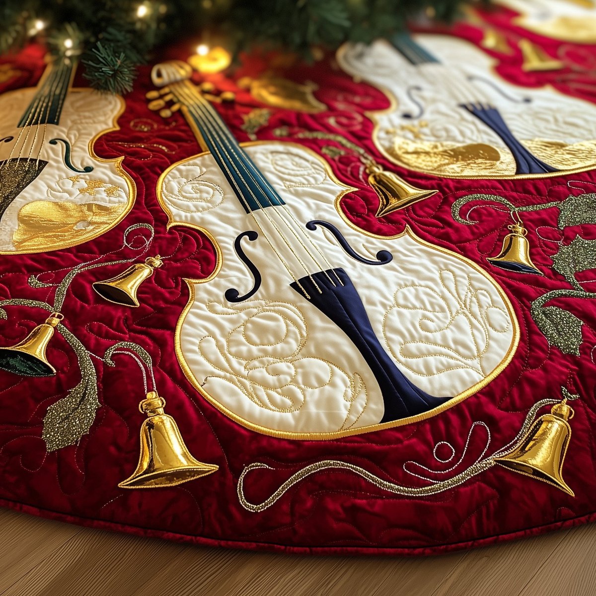 Violin and Golden Bells on Wine Christmas Tree Skirt - Made to Order TREEK101