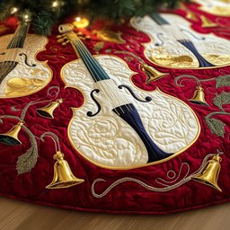 Violin and Golden Bells on Wine Christmas Tree Skirt - Made to Order TREEK101