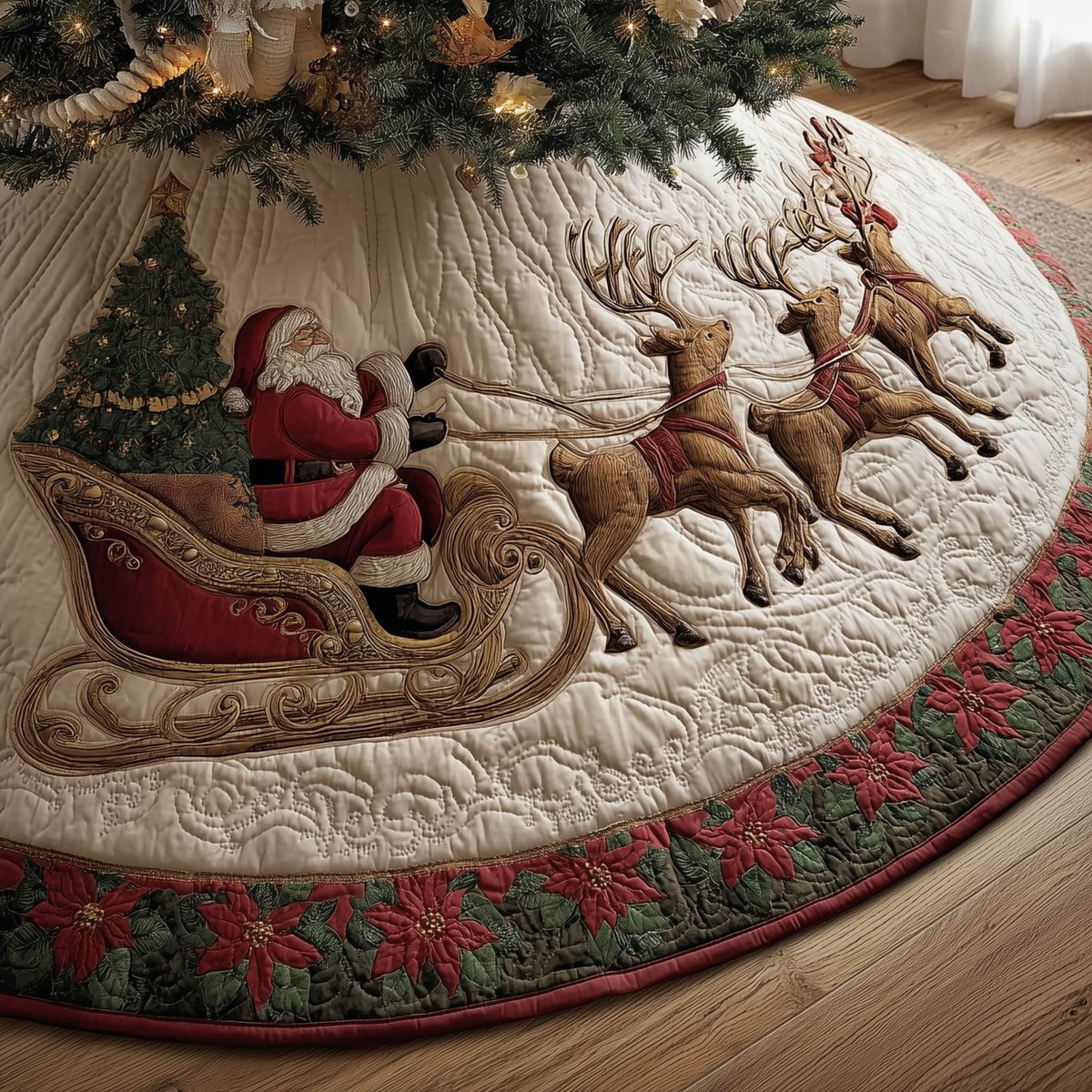 Santa's Sleigh and Reindeer Team Christmas Tree Skirt - Made to Order TREEK101