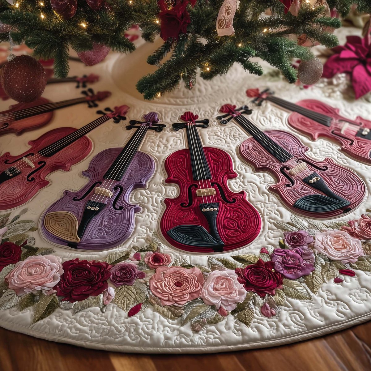 Violins on the Pink Rose Hem Christmas Tree Skirt - Made to Order TREEK101