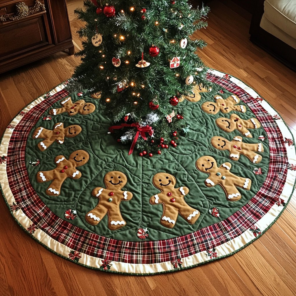 Gingerbread Men on the Plaid Rim Christmas Tree Skirt - Made to Order TREEK101