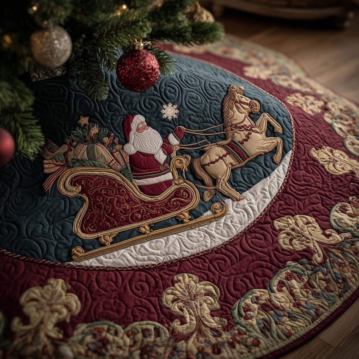Santa's Sleigh on the Golden Scroll Christmas Tree Skirt - Made to Order TREEK101