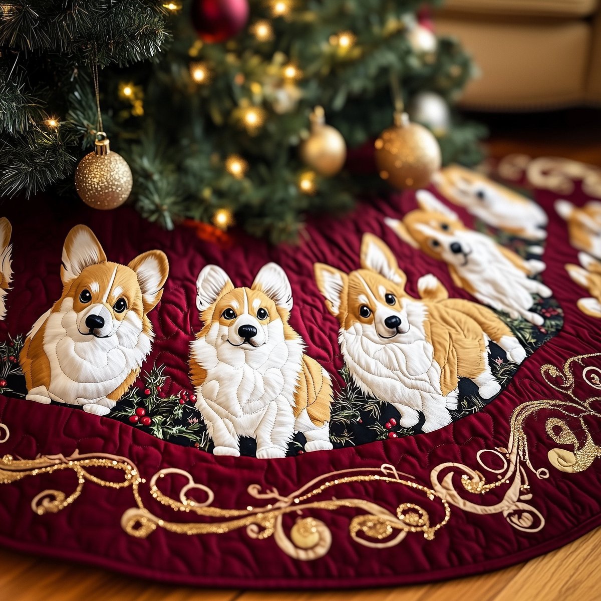 Corgis on the Gold Swirl White Christmas Tree Skirt - Made to Order TREEK101