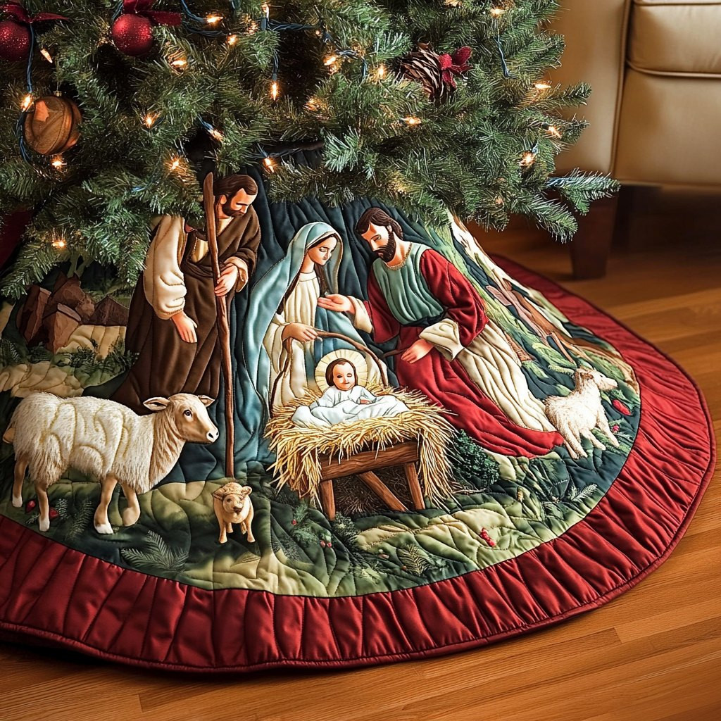 Nativity with Sheep on the Ruby Hem Christmas Tree Skirt - Made to Order TREEK101