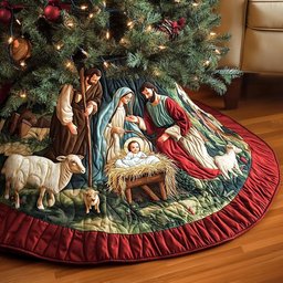 Nativity with Sheep on the Ruby Hem Christmas Tree Skirt - Made to Order TREEK101