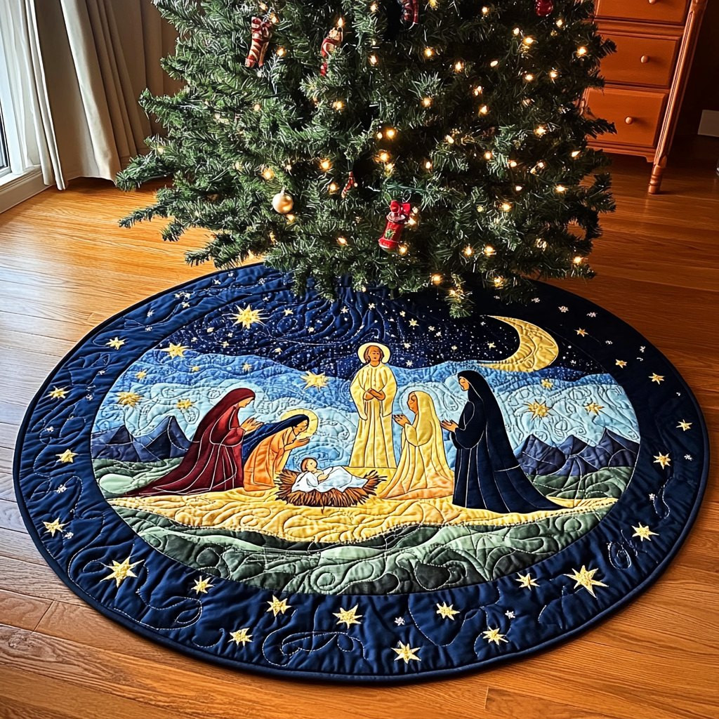 Nativity Under the Blue Night Sky Christmas Tree Skirt - Made to Order TREEK101