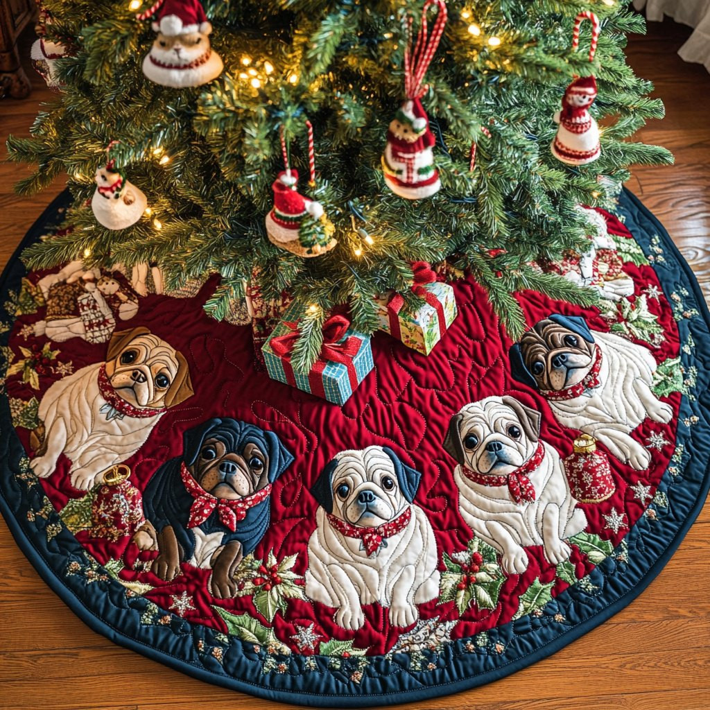 Pugs with Presents on the Star Hem Christmas Tree Skirt - Made to Order TREEK101