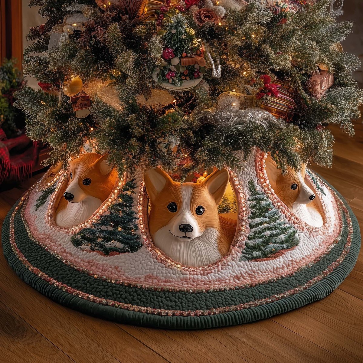 Corgis in the Blush Tunnel Quilt Christmas Tree Skirt - Made to Order TREEK101