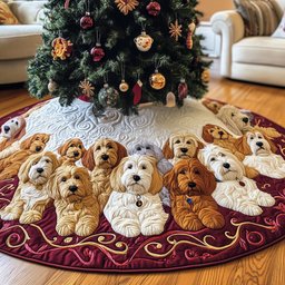 Goldendoodle Pack on Wine Scroll Christmas Tree Skirt - Made to Order TREEK101