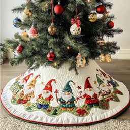 Gnome Line in Pointed Caps Christmas Tree Skirt - Made to Order TREEK101