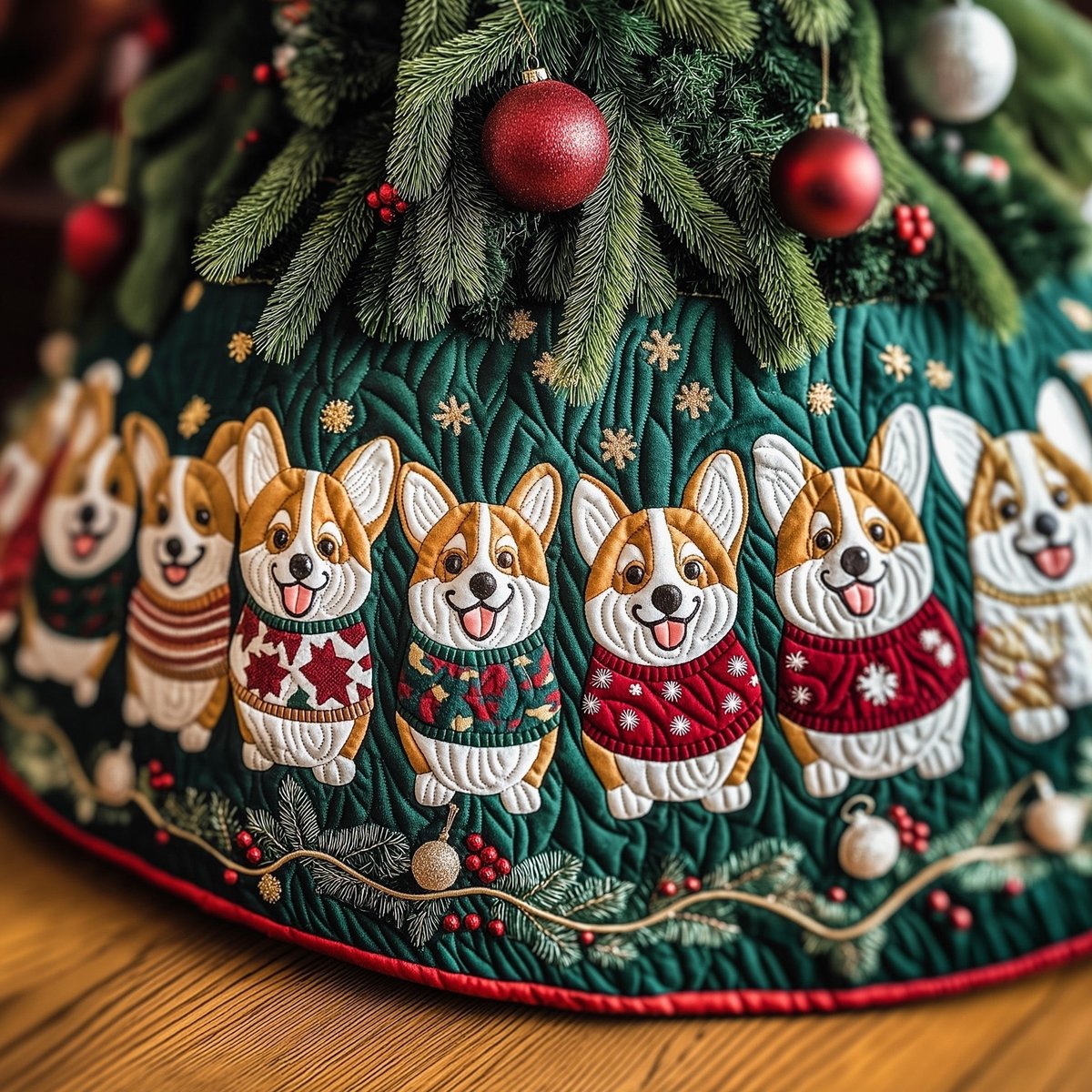 Corgi Row in Knitted Jumpers Christmas Tree Skirt - Made to Order TREEK101