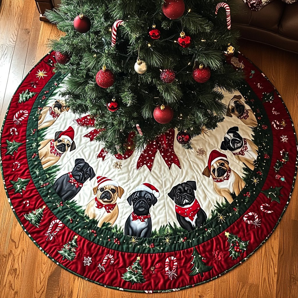 Pugs in Bow Ties on the Wine Band Christmas Tree Skirt - Made to Order TREEK101