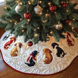 Beagle Pups in Gold Scroll Christmas Tree Skirt - Made to Order TREEK101