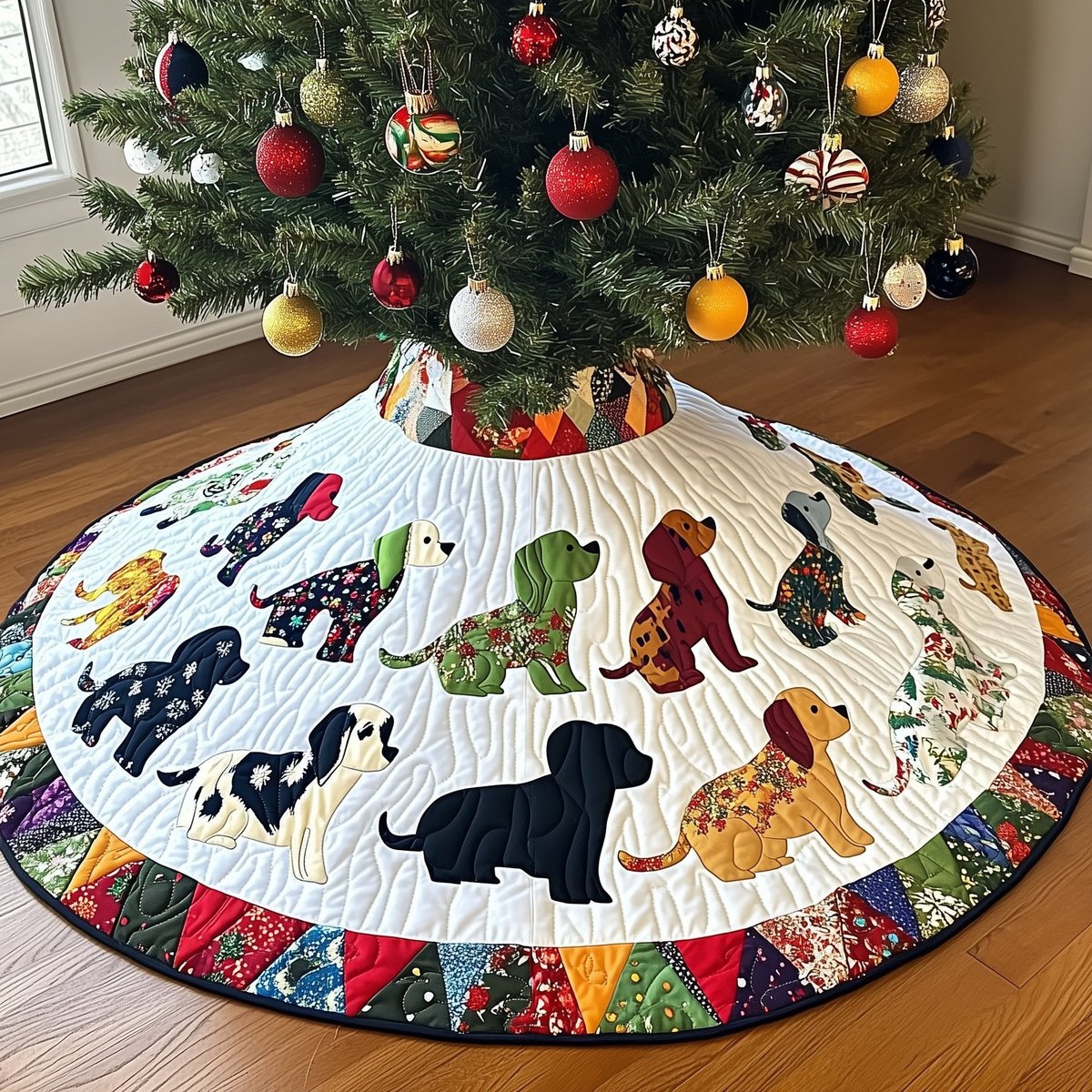 Calico Pups on the Quilt Rim Christmas Tree Skirt - Made to Order TREEK101