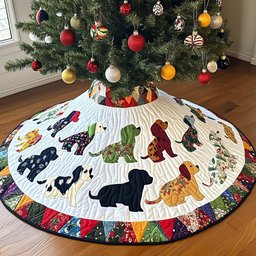 Calico Pups on the Quilt Rim Christmas Tree Skirt - Made to Order TREEK101