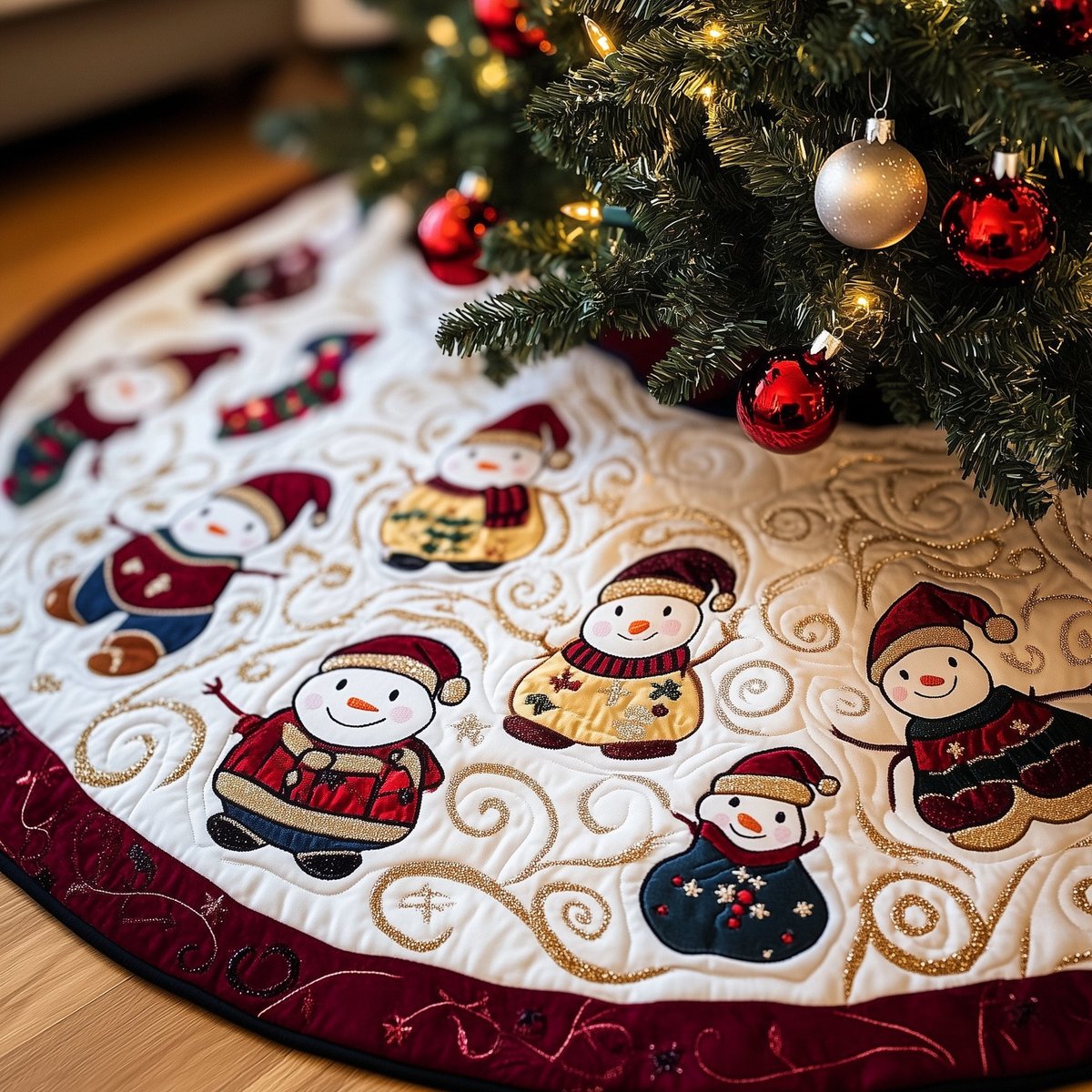 Snowman Trio with Swirl Embroidery Christmas Tree Skirt - Made to Order TREEK101
