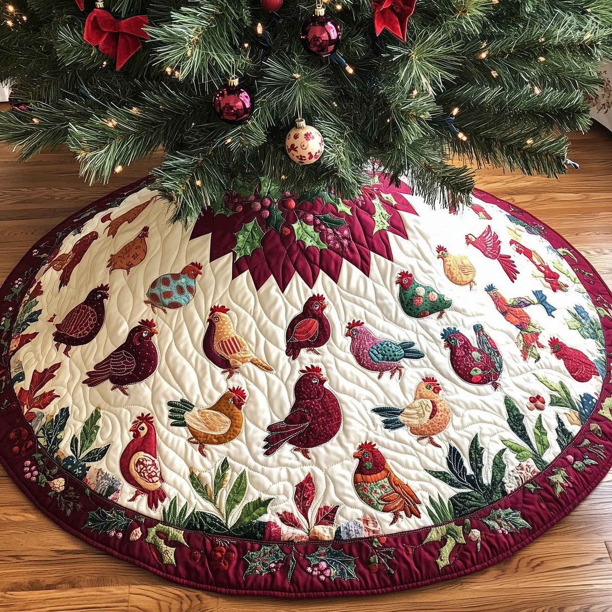 Hen Yard on the Berry Hem Christmas Tree Skirt - Made to Order TREEK101