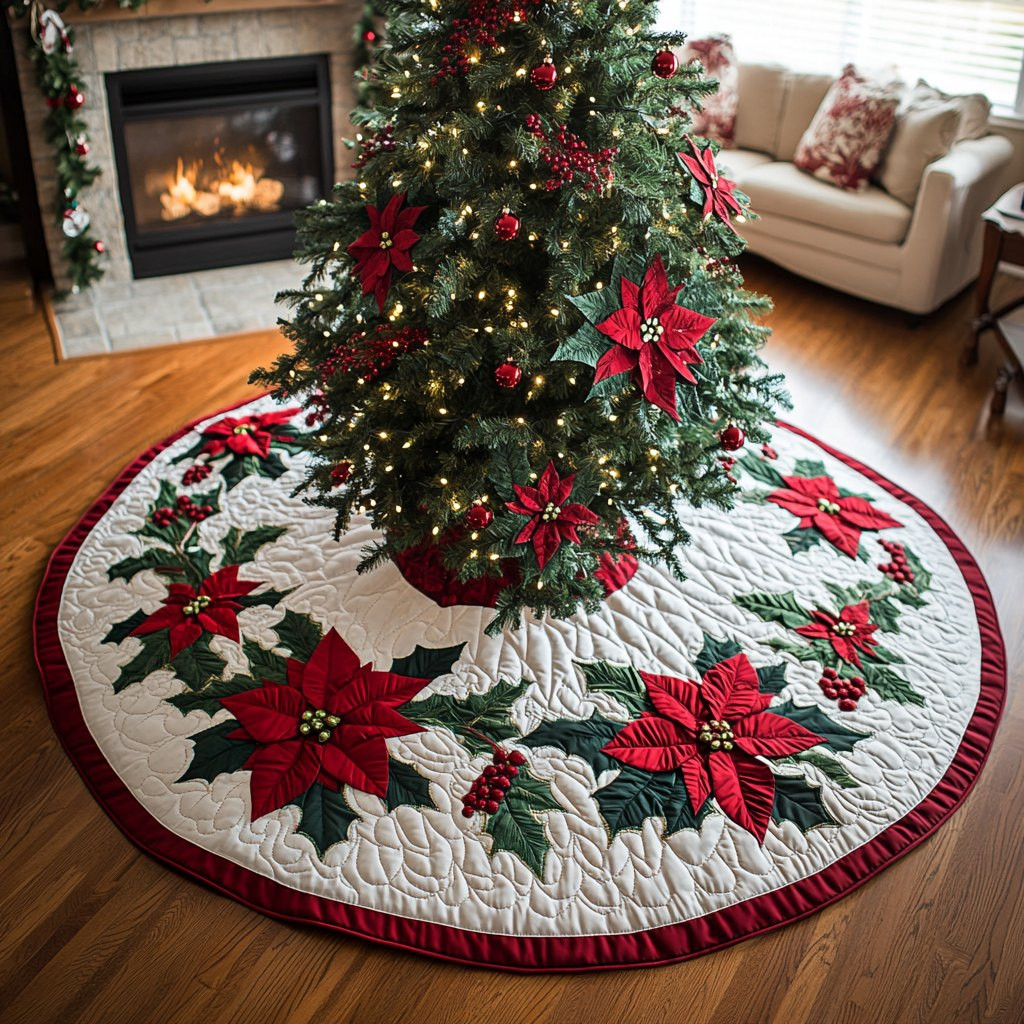 Poinsettia Bloom Christmas Tree Skirt - Made to Order TREEK101