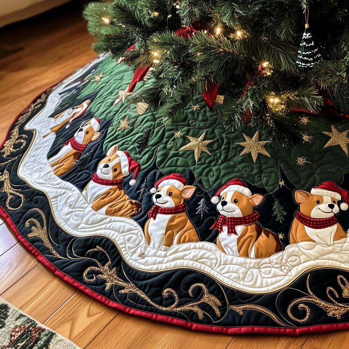 Corgis on the Starry Green Ring Christmas Tree Skirt - Made to Order TREEK101