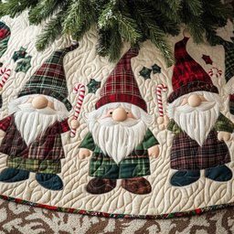 Gnomes in Plaid Hats on Ivory Christmas Tree Skirt - Made to Order TREEK101