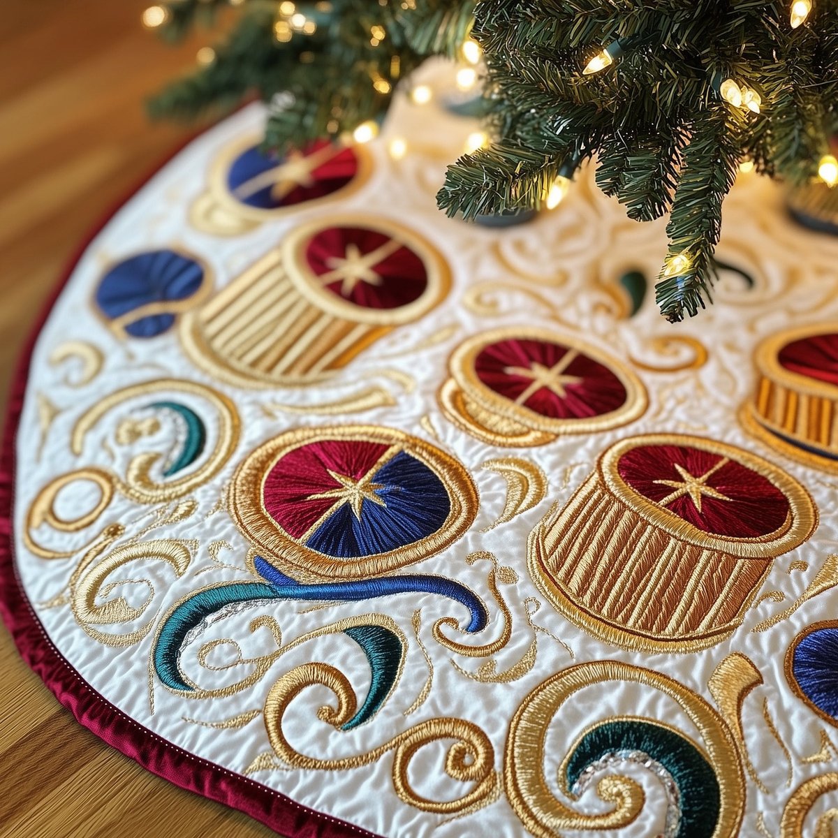 Toy Drums on the Gold Swirl Christmas Tree Skirt - Made to Order TREEK101