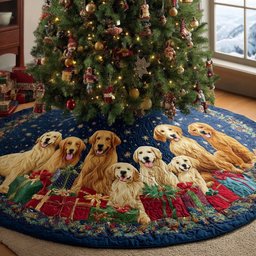 Golden Family on the Dark Plaid Hem Christmas Tree Skirt - Made to Order TREEK101