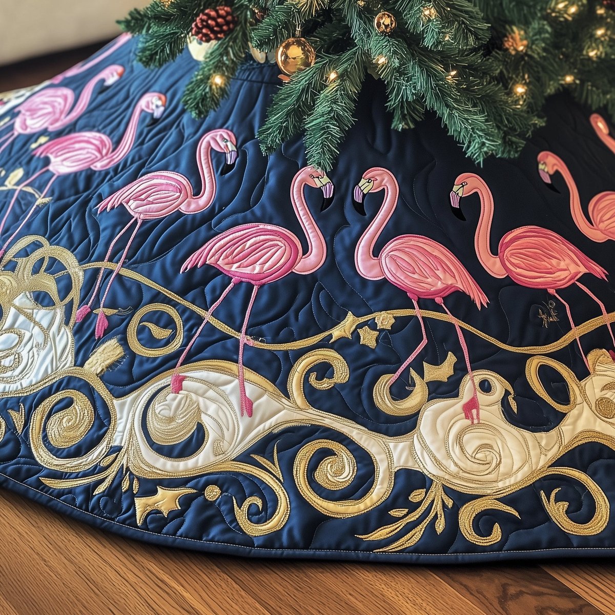 Flamingos on the Midnight Gold Band Christmas Tree Skirt - Made to Order TREEK101
