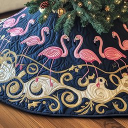 Flamingos on the Midnight Gold Band Christmas Tree Skirt - Made to Order TREEK101