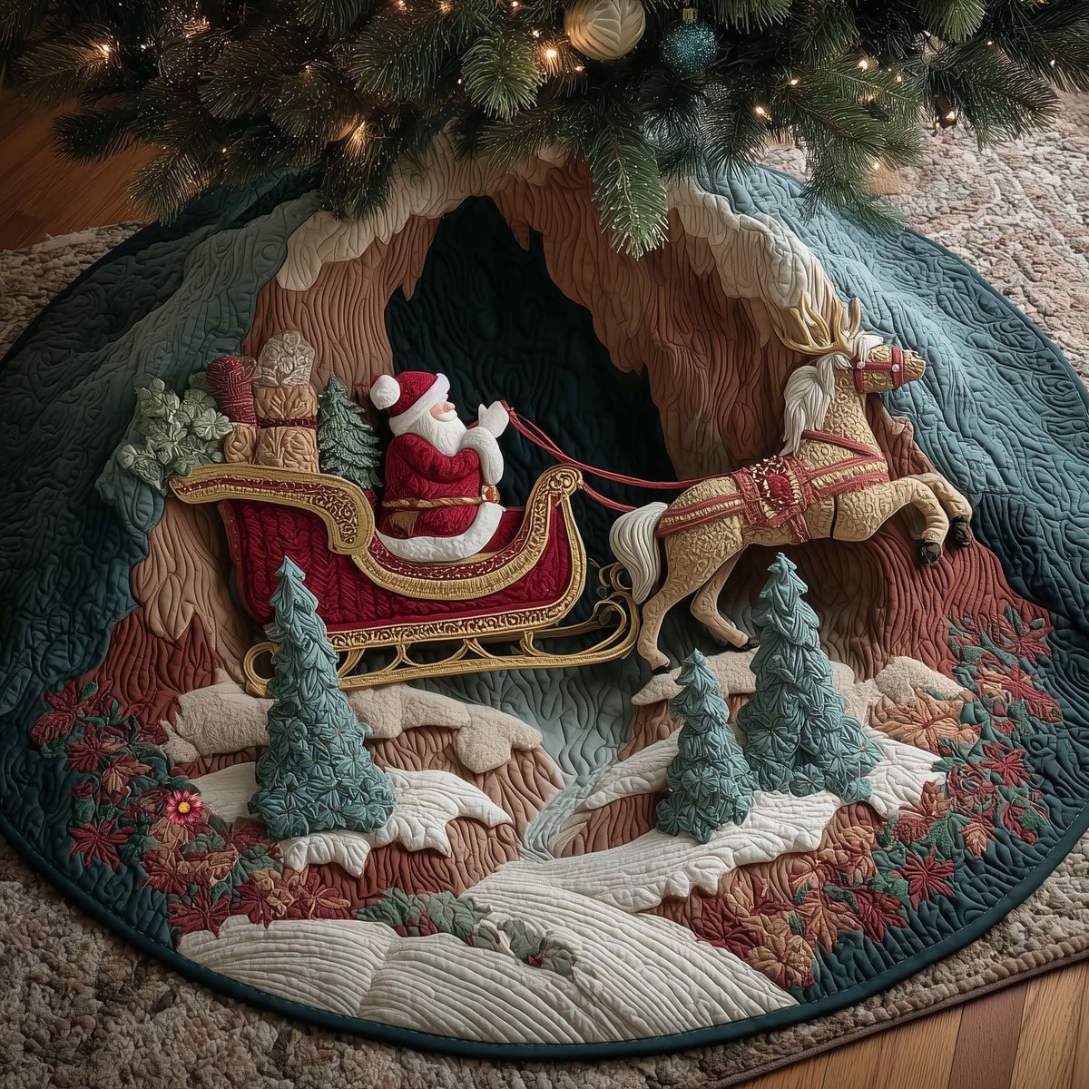 Santa's Sleigh in the Ice Cave Christmas Tree Skirt - Made to Order TREEK101