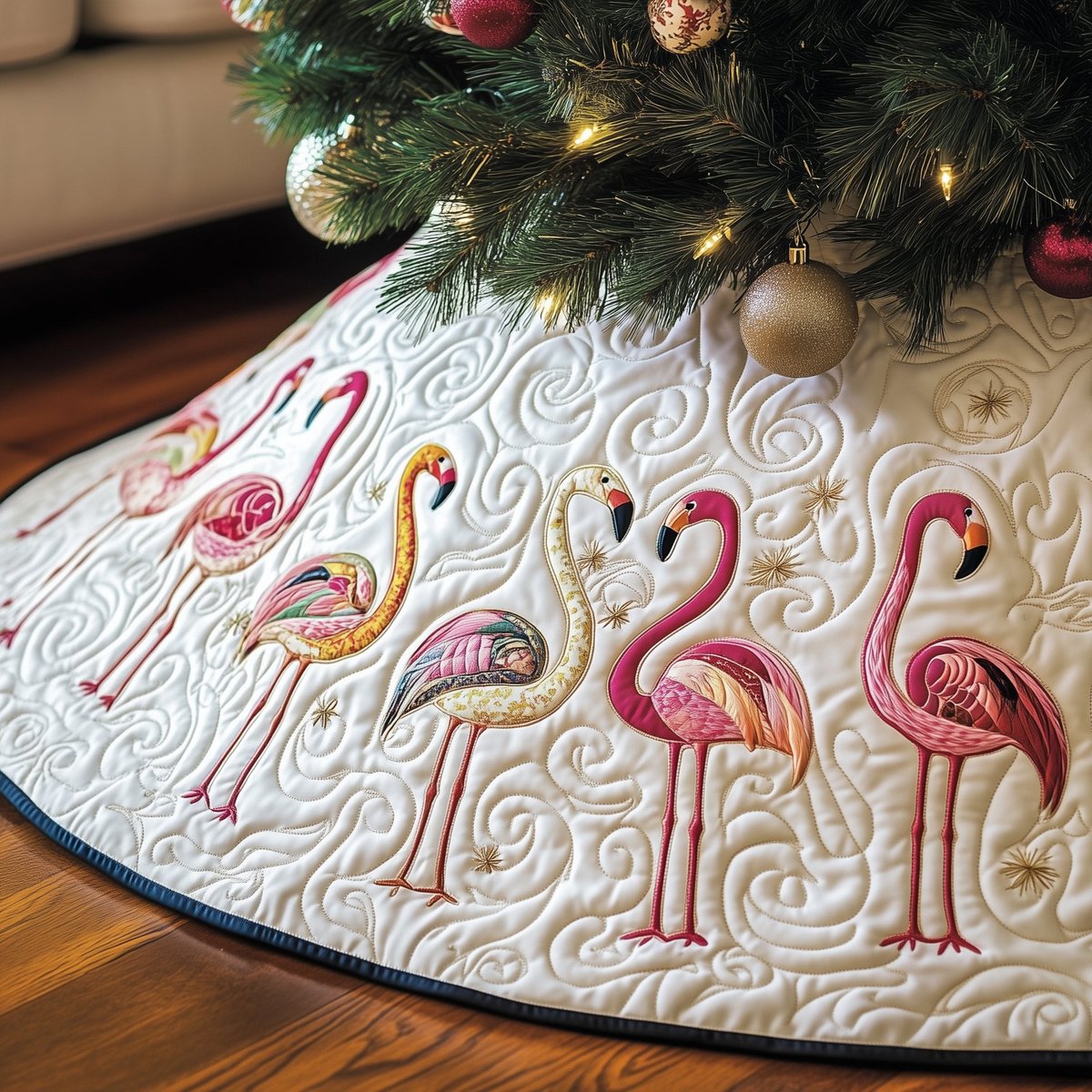 Flamingos on the Gold Swirl Cream Christmas Tree Skirt - Made to Order TREEK101