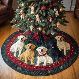 Labs in Bow Ties on Crimson Christmas Tree Skirt - Made to Order TREEK101