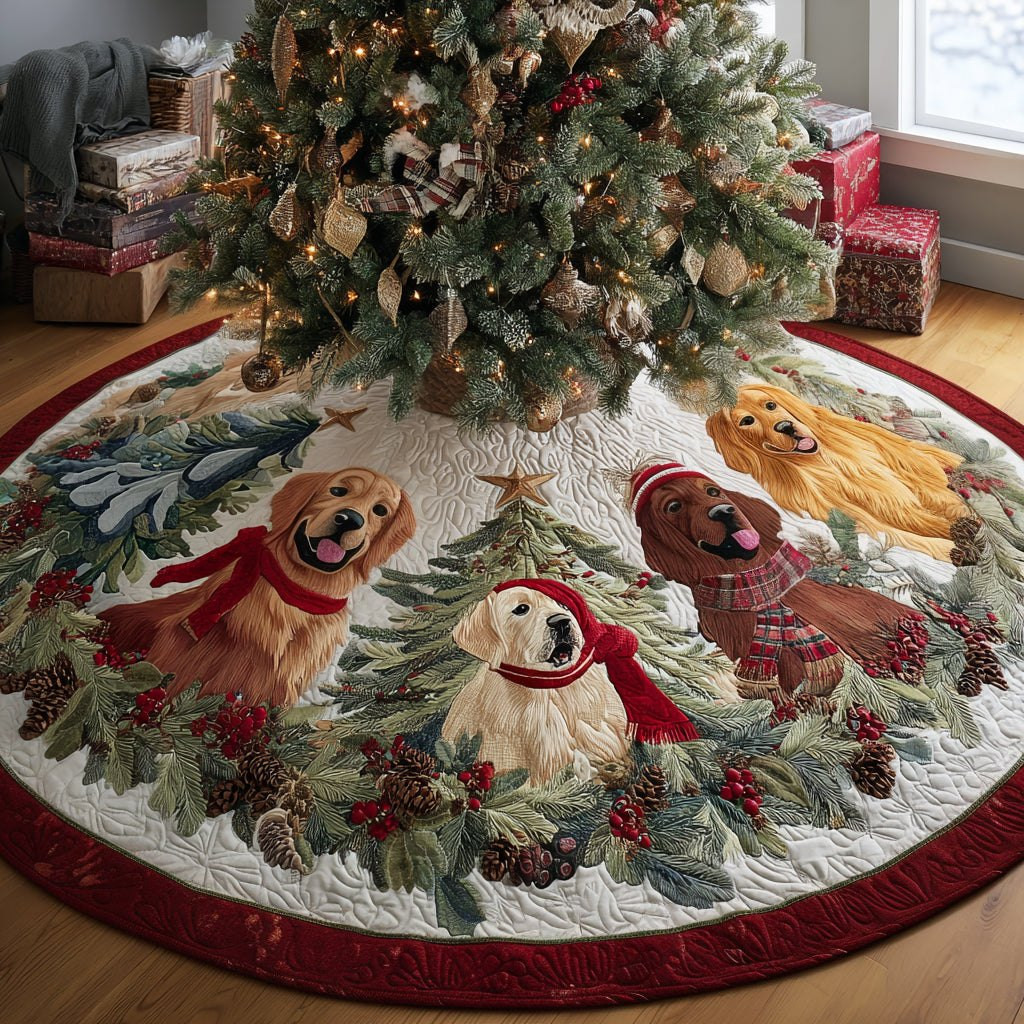 Golden Pups Round the Trunk Christmas Tree Skirt - Made to Order TREEK101