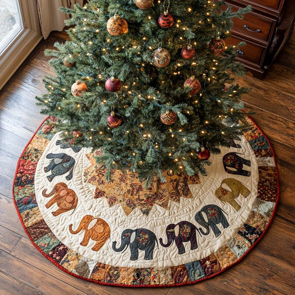 Elephant Herd on the Woven Border Christmas Tree Skirt - Made to Order TREEK101