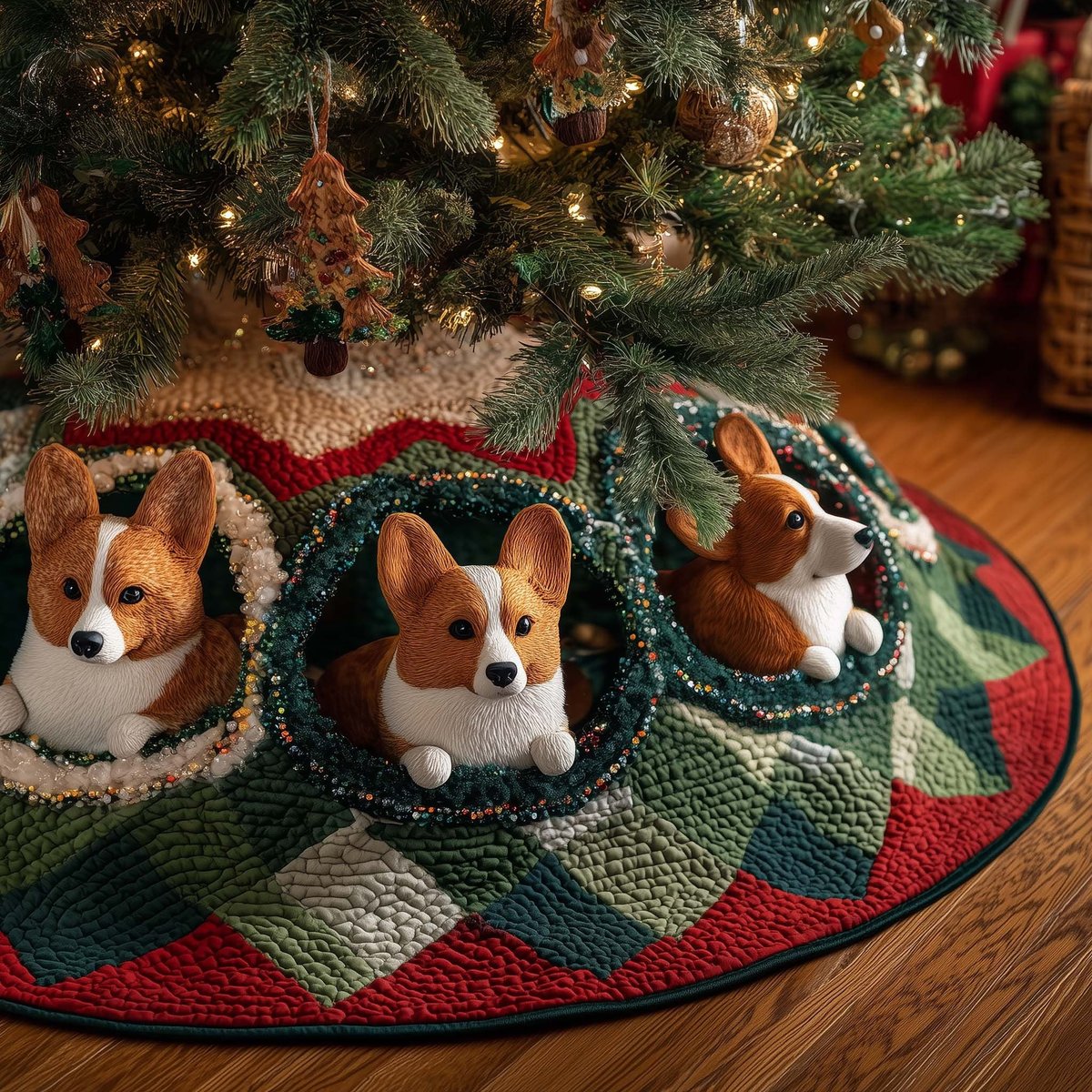 Corgis Peeking from the Patch Quilt Christmas Tree Skirt - Made to Order TREEK101