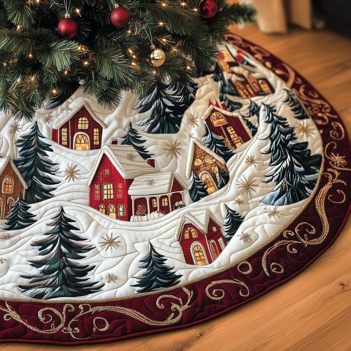 Red Cottages in the Pine Valley Christmas Tree Skirt - Made to Order TREEK101
