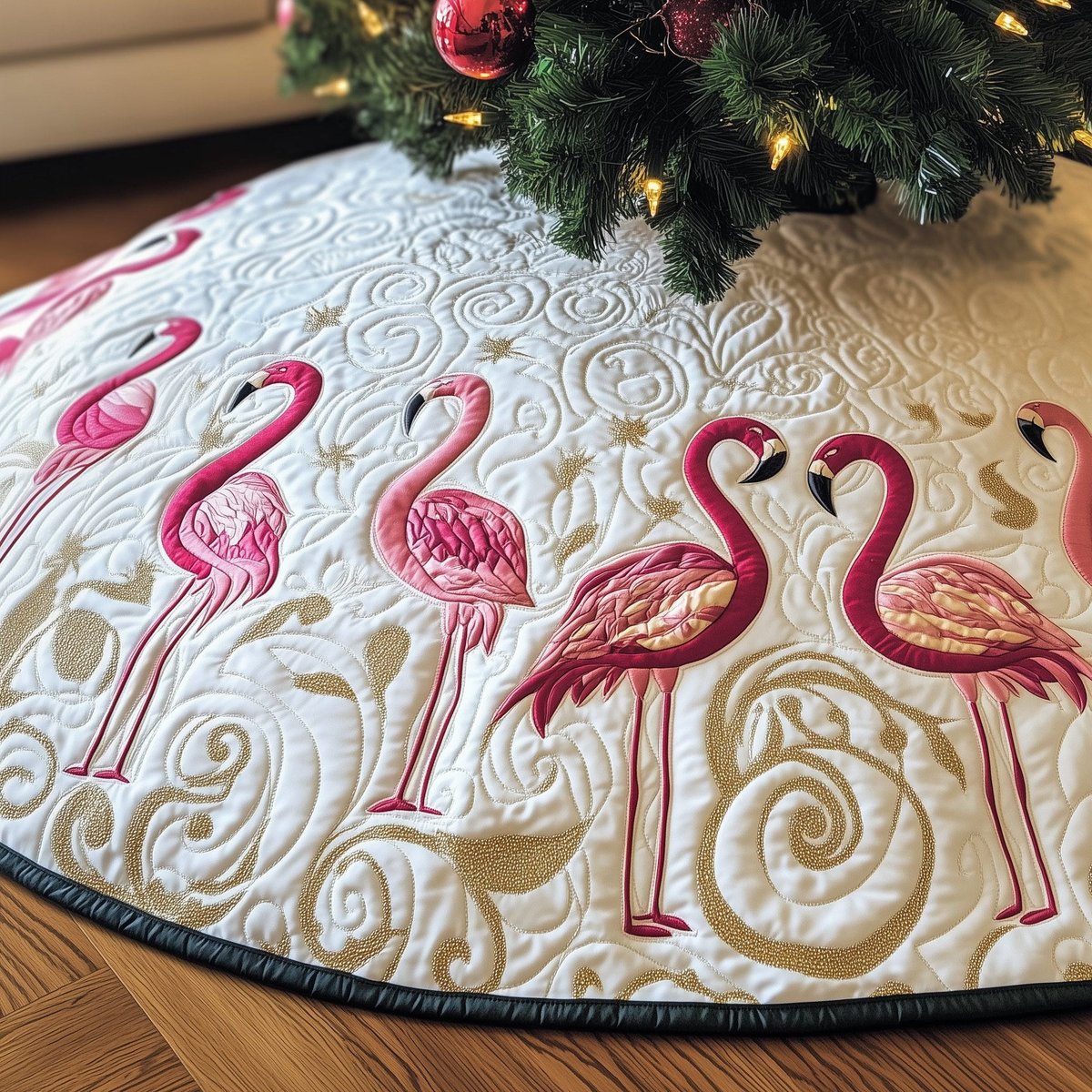 Flamingo Flock on Ivory Scroll Christmas Tree Skirt - Made to Order TREEK101