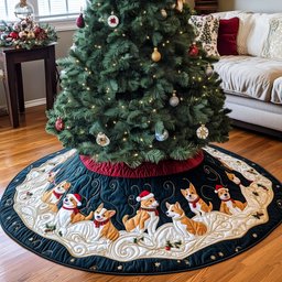 Corgi Row on the Gold Holly Hem Christmas Tree Skirt - Made to Order TREEK101
