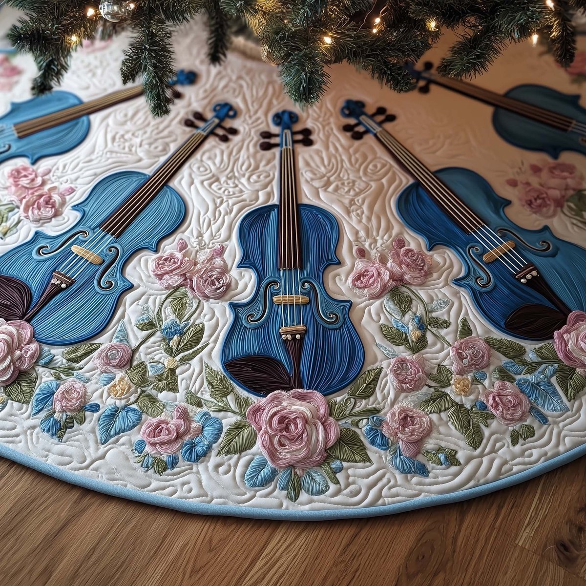 Blue Violins in the Rose Garland Christmas Tree Skirt - Made to Order TREEK101