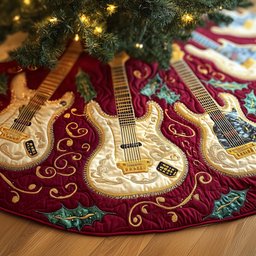 Pearl Guitars with Holly on Wine Christmas Tree Skirt - Made to Order TREEK101